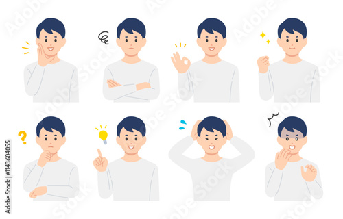 いろいろな表情やポーズをする若い男性のセット【人物ベクターイラスト素材】