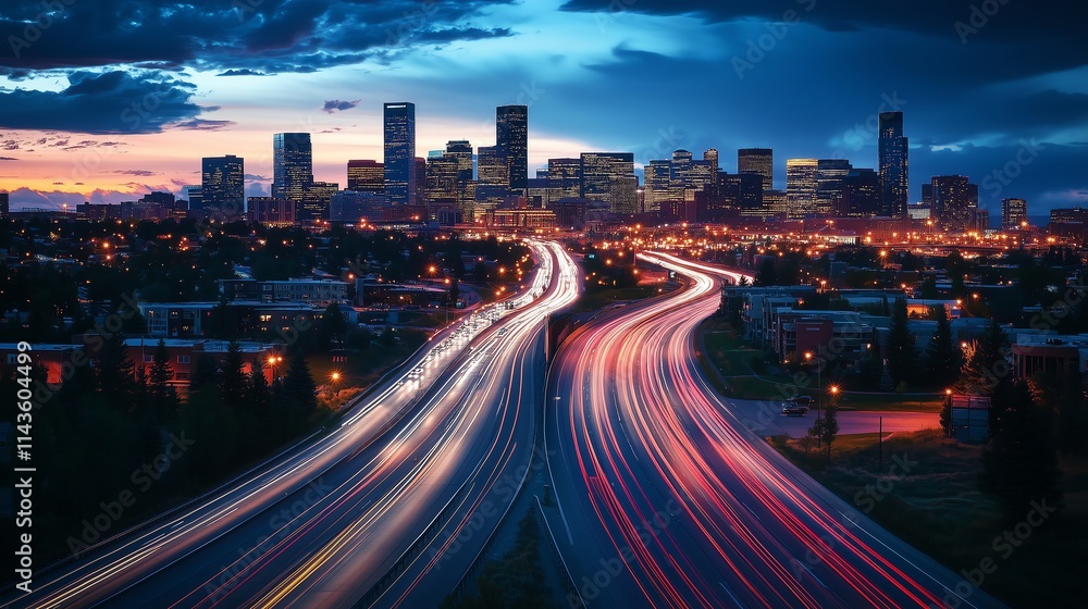 Fototapeta premium Breathtaking Aerial Shot of Interstates in the Heart of a Vibrant City at Night, Glowing with the Light Trails of Moving Cars and Streetlights, Sleek Modern Buildings