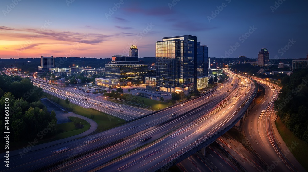 Aerial Perspective of Interstates in a Bustling City at Night, Illuminated with Streetlights and Car Trails, Sleek Glass Buildings Reflecting City Lights, Dramatic Cityscape Aerial Perspective of Interstates in a Bustling City at Night, Illuminated with Streetlights and Car Trails, Sleek Glass Buildings Reflecting City Lights, Dramatic Cityscape