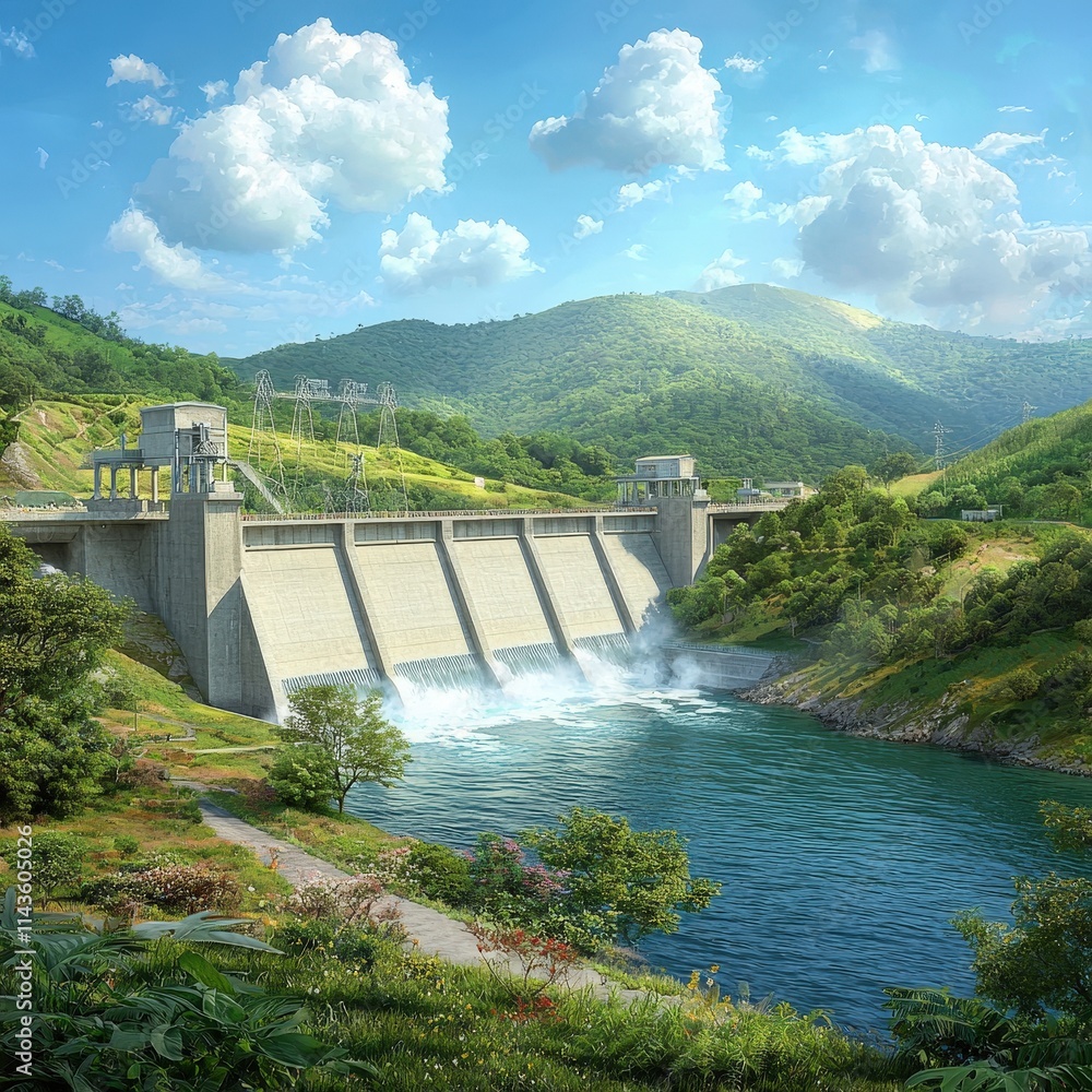Illustration of a hydroelectric dam surrounded by lush greenery Illustration of a hydroelectric dam surrounded by lush greenery