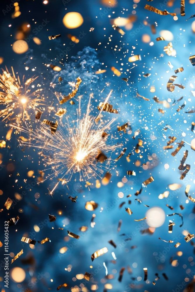 Obraz premium Vibrant fireworks and confetti celebration new year's eve night sky blue and gold bokeh festive atmosphere