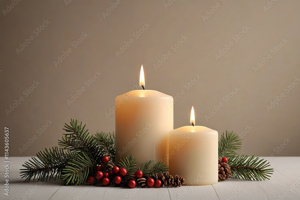 candles are lit on a table with pine cones and evergreen branches candles are lit on a table with pine cones and evergreen branches