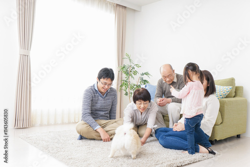 家族で犬と遊ぶ幸せな三世代ファミリー photo