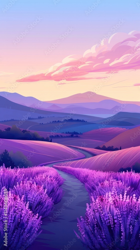 Obraz premium Enchanting lavender fields under a twilight sky with rolling purple mountains and fluffy pastel clouds creating a serene and romantic landscape