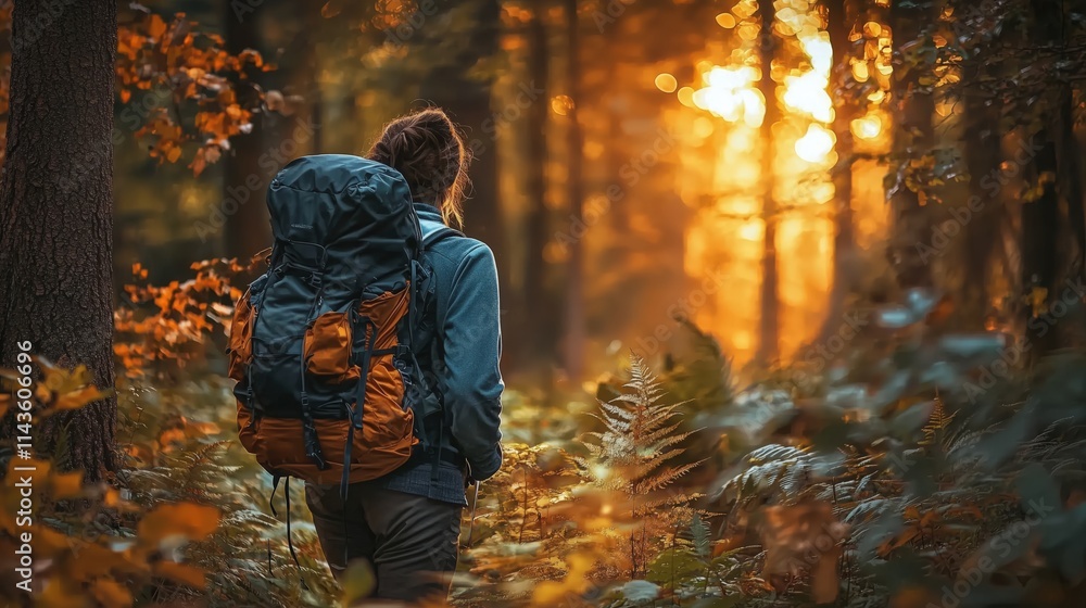 A hiker explores a sunlit forest trail, surrounded by vibrant autumn foliage. A hiker explores a sunlit forest trail, surrounded by vibrant autumn foliage.