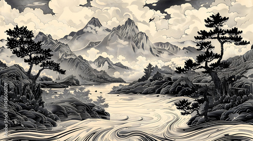 Tranquil Harmony: A Serene Landscape in Meticulous Block Print with Flowing Rivers and Majestic Mountains