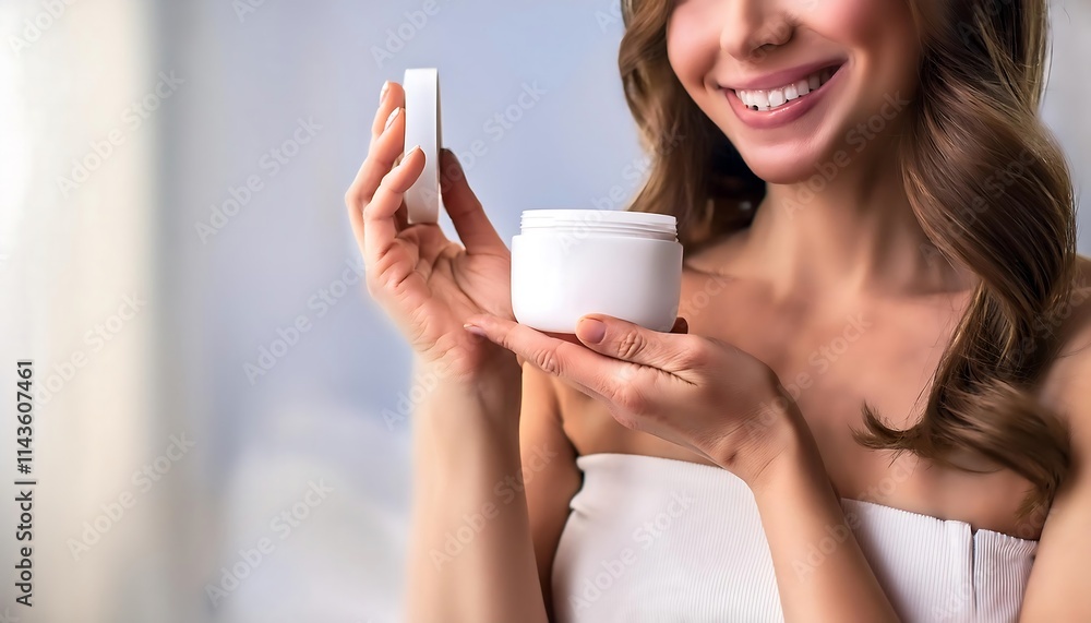 Smiling woman holds open jar, white packaging, beauty product, light background, happy presentation, skincare routine. Smiling woman holds open jar, white packaging, beauty product, light background, happy presentation, skincare routine.