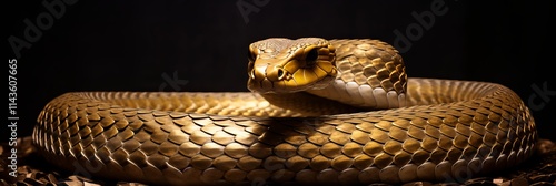 Golden serpent coiled elegantly in dramatic lighting for an artistic display. Generative AI photo