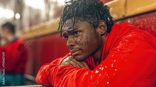 A contemplative young man with wet hair resting on his arms, dressed in a red shirt.