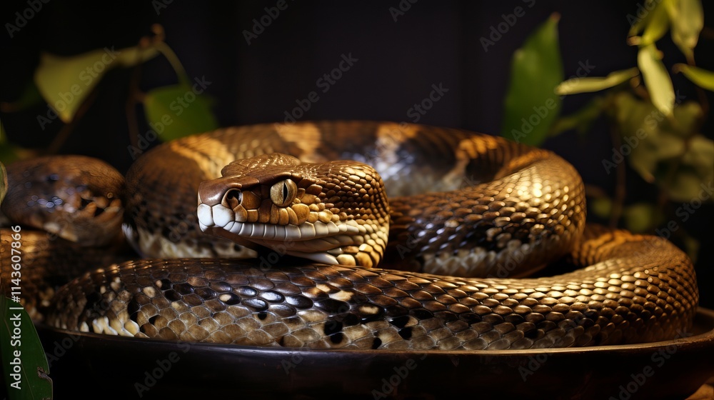 Obraz premium Captivating serpent coiling among lush greenery in a dimly lit habitat. Generative AI