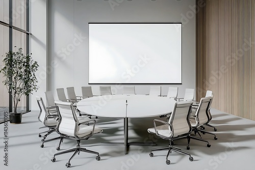 A white screen mockup in a corporate conference room with standard office chairs, a large oval table in the center, creating a professional and minimalist atmosphere photo