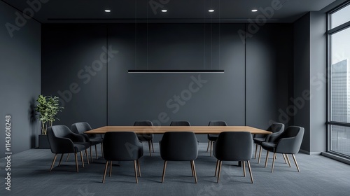 A sleek professional conference room interior featuring modern furniture, clean lines, and a well-lit environment designed for productivity and collaboration.