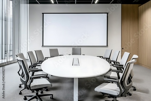 A white screen mockup in a corporate conference room with standard office chairs, a large oval table in the center, creating a professional and minimalist atmosphere photo