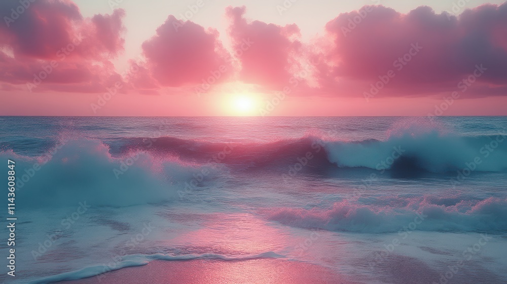 Obraz premium Pink sunset over ocean waves crashing on beach.