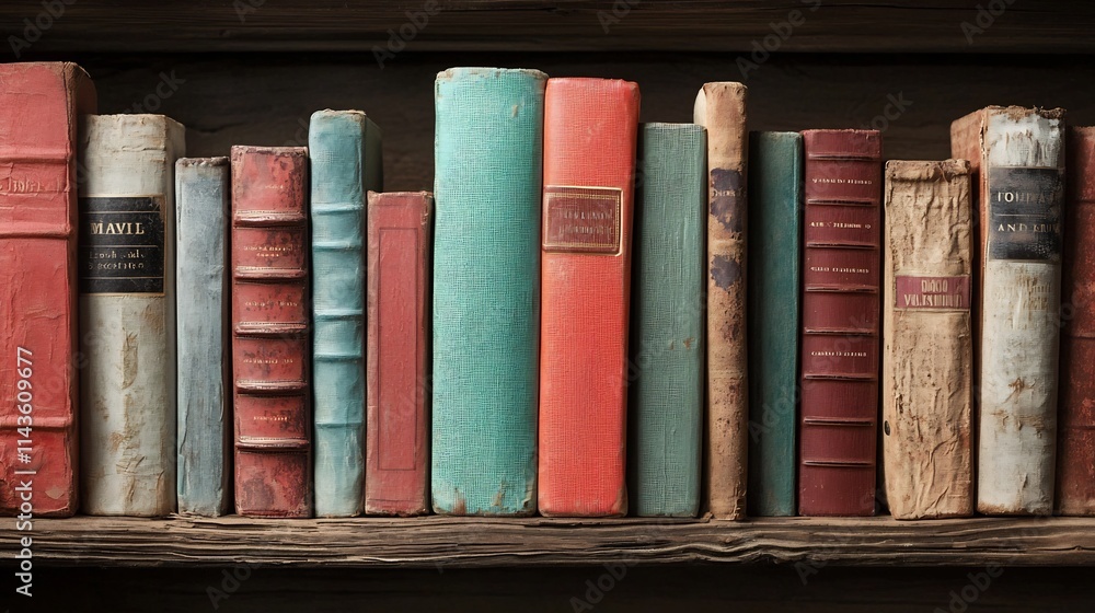 A single vibrant colorful book standing out amongst a collection of worn faded books on a dusty old bookshelf representing uniqueness knowledge and the pursuit of learning A single vibrant colorful book standing out amongst a collection of worn faded books on a dusty old bookshelf representing uniqueness knowledge and the pursuit of learning
