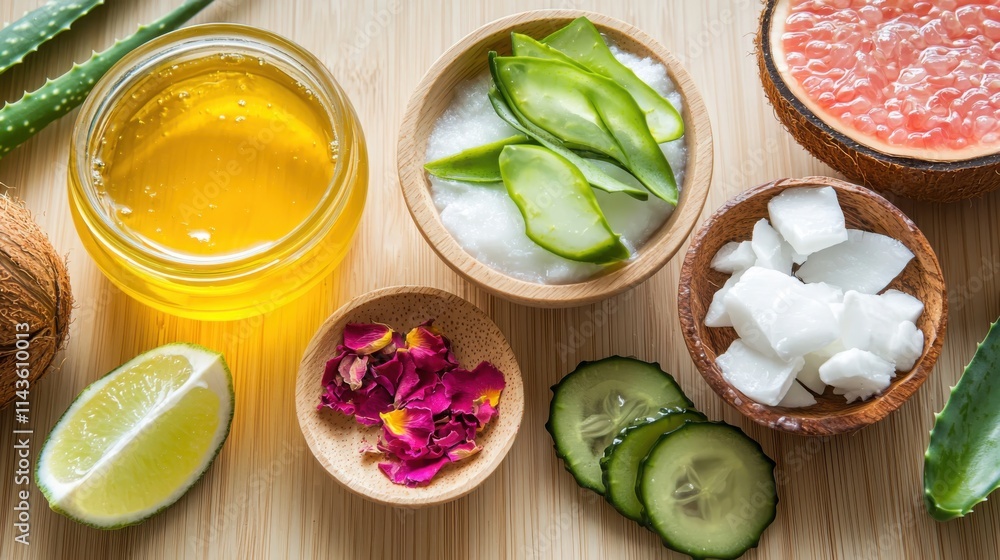 Natural beauty products flat lay with aloe vera coconut oil and rose petals on light wooden table Natural beauty products flat lay with aloe vera coconut oil and rose petals on light wooden table