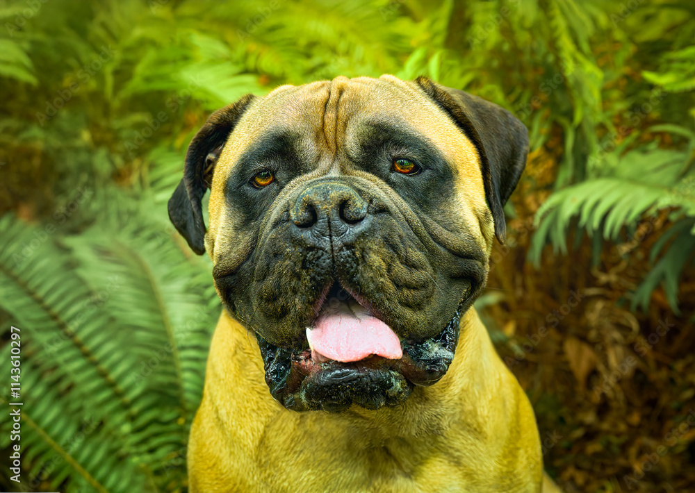 2023-12-31 CLOSE UP OF A LARGE BULLMASTIFF WITH BRIGHT CLEAR EYES WITH GREEN FERNS IN THE BACKGROUND ON MERCER ISLAND WASHINGTON 2023-12-31 CLOSE UP OF A LARGE BULLMASTIFF WITH BRIGHT CLEAR EYES WITH GREEN FERNS IN THE BACKGROUND ON MERCER ISLAND WASHINGTON