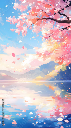 桜 木 花びら 咲く 水 湖 はる 春 日本 アニメ风 背景