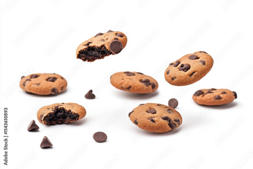 chocolate chip cookies floating/falling isolated on white background