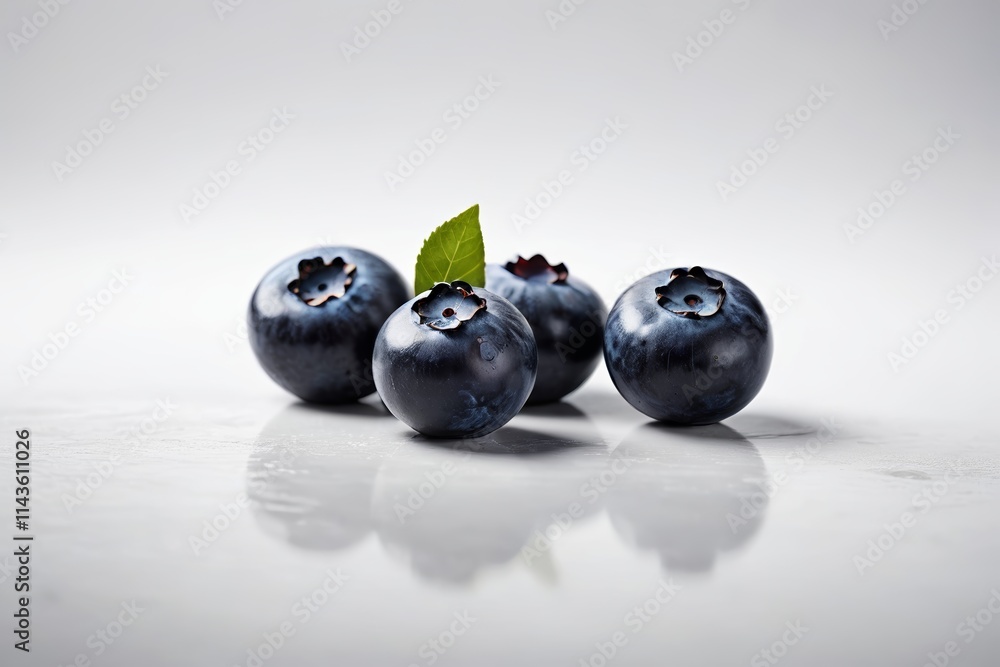 three blueberries with a leaf on top of them on a white surface three blueberries with a leaf on top of them on a white surface