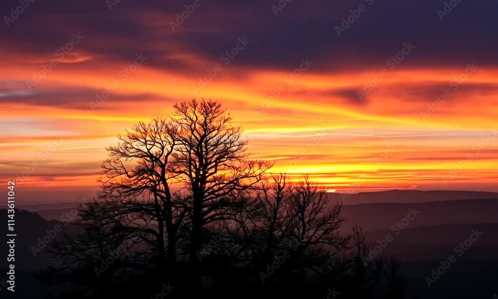 Fiery Sunset Landscape: Silhouette of Trees Against a Vivid Sky