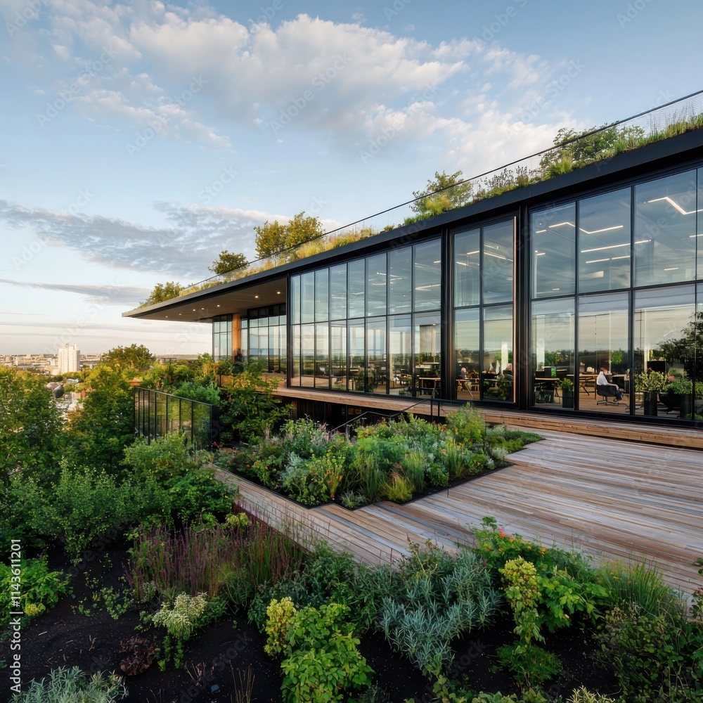 Modern office building with rooftop garden urban setting architectural design serene outdoor space contemporary view Modern office building with rooftop garden urban setting architectural design serene outdoor space contemporary view