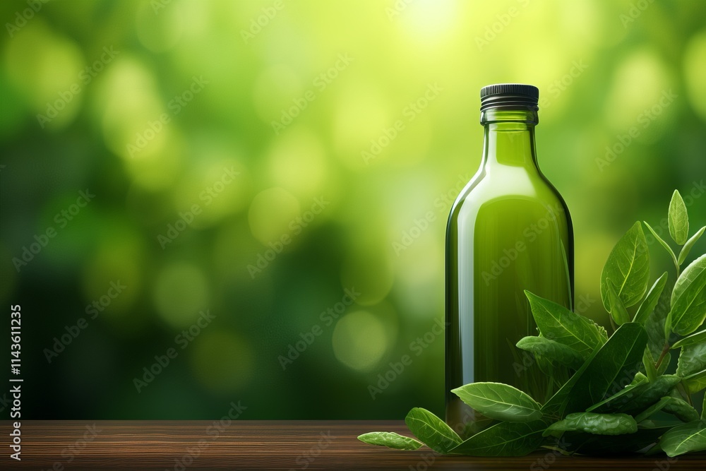 Organic green olive oil bottle surrounded by fresh leaves in natural light. Generative AI Organic green olive oil bottle surrounded by fresh leaves in natural light. Generative AI
