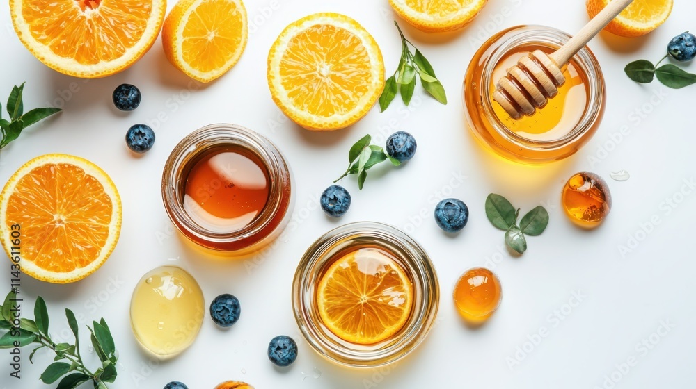 Organic beauty products flat lay featuring honey citrus fruits and green tea on light background Organic beauty products flat lay featuring honey citrus fruits and green tea on light background