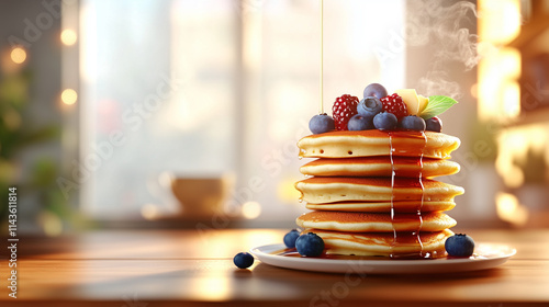 a beautiful breakfast with pancakes, a variety of fruits topped with honey	
 photo