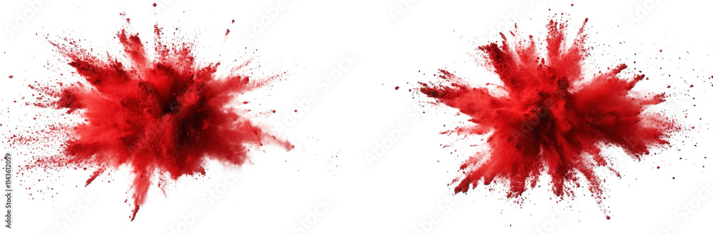 two red powder explosions isolated on transparent background two red powder explosions isolated on transparent background