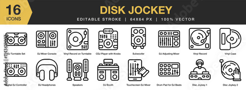 Disk Jockey icon set. Editable Stroke Icon Collection. Includes Disco, Music, Record, Vintage, Vinyl, and More. Outline icons vector collection.