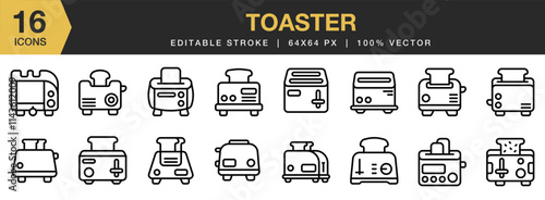 Toaster icon set. Editable Stroke Icon Collection. Includes Appliance, Bread, Breadfast, Kitchen, Toaster, and More. Outline icons vector collection.