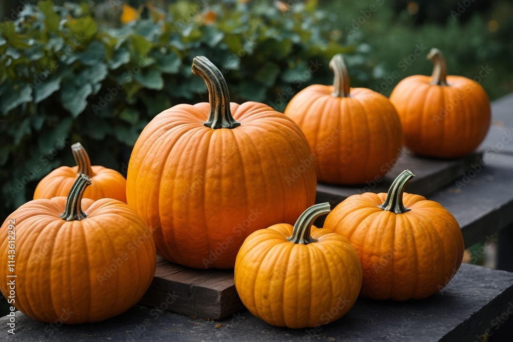 several small pumpkins are sitting on a wooden table in front of bushes several small pumpkins are sitting on a wooden table in front of bushes