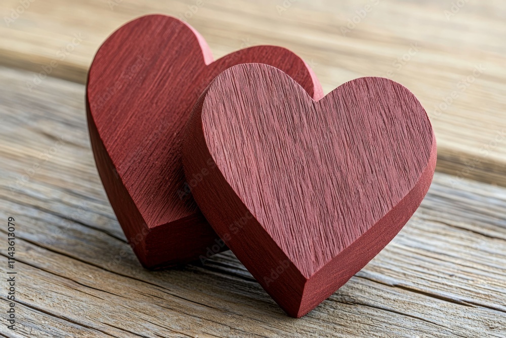 Two wooden hearts are on a wooden surface Two wooden hearts are on a wooden surface