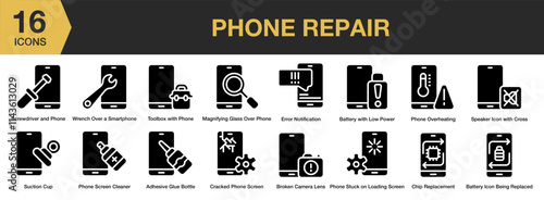 Phone Repair solid icon set. Includes Mobile, Phone, Smartphone, Cellphone, Broken, Screen, Cracked, and More. Solid icons vector collection.