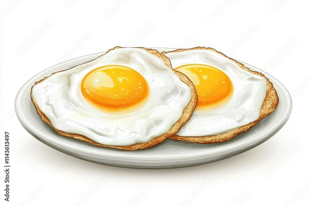 Crisp and clean two sunny side up fried eggs on round plate isolated on white background Crisp and clean two sunny side up fried eggs on round plate isolated on white background