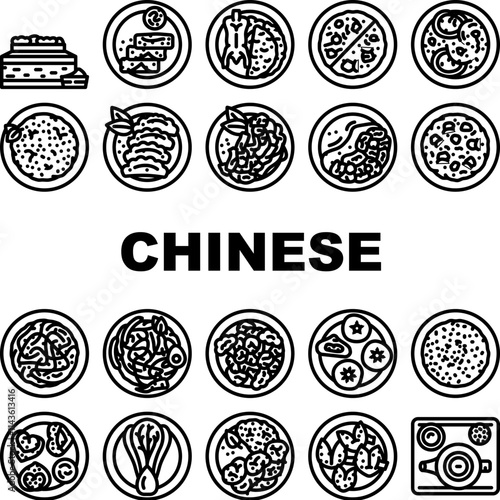chinese cuisine dim sum dumplings icons set vector. wonton szechuan, peking hotpot, noodles tofu, stir fry cantonese, soy chinese cuisine dim sum dumplings black contour illustrations