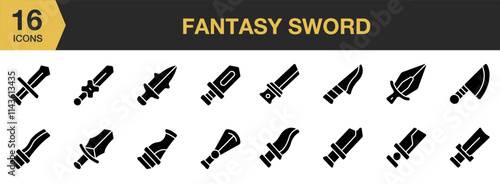 Fantasy Sword solid icon set. Includes Knight, Warrior, Sword, Tale, Power, Wizard, Class, and More. Solid icons vector collection.