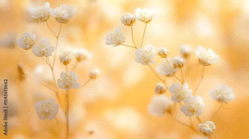 Delicate white flowers bloom softly against a warm yellow background Delicate white flowers bloom softly against a warm yellow background