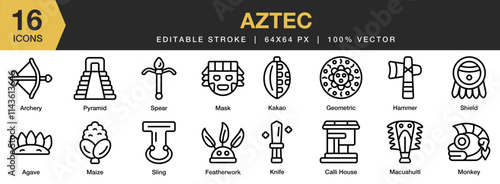 Aztec icon set. Editable Stroke Icon Collection. Includes aztec, ethnic, ornament, tribal, traditional, and More. Outline icons vector collection.