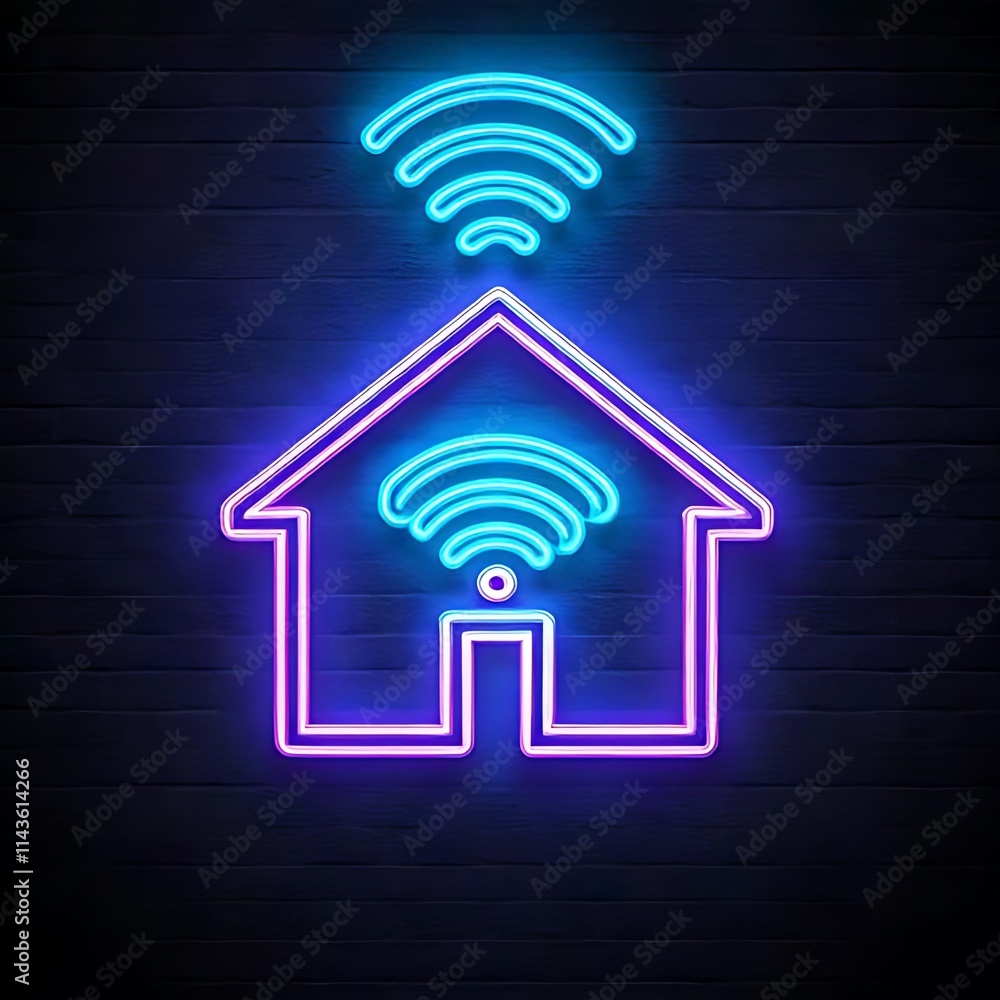This neon icon depicts a house with a cloud and wifi signal, representing cloud-based smart home control. This neon icon depicts a house with a cloud and wifi signal, representing cloud-based smart home control.
