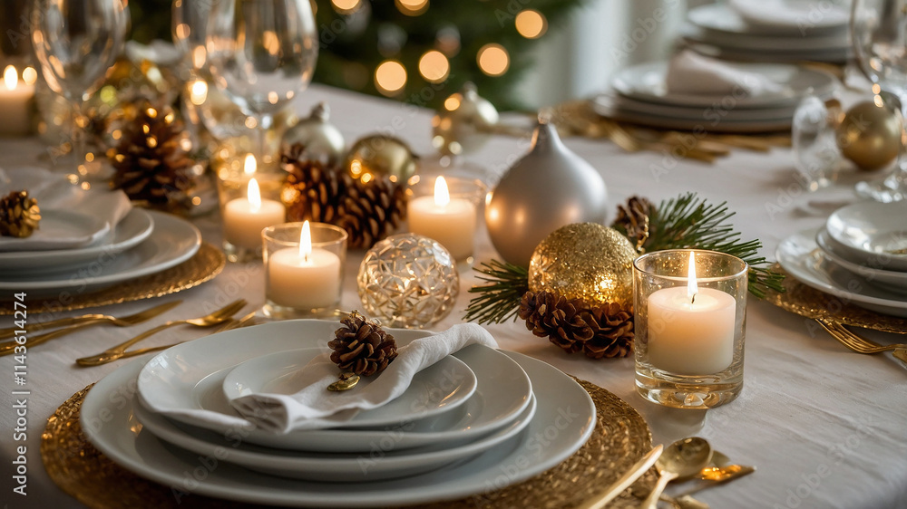 Luxurious and Festive Holiday Dinner Table with Candlelight and Pinecones
Luxurious and Festive Holiday Dinner Table with Candlelight and Pinecones