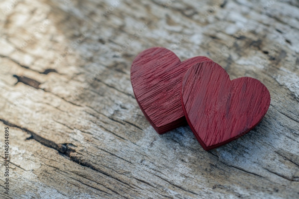 Two red hearts are on a wooden surface Two red hearts are on a wooden surface