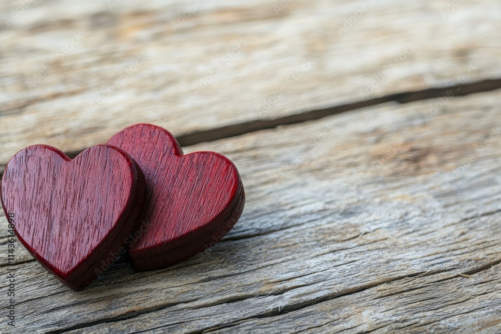 Two wooden hearts are on a wooden surface Two wooden hearts are on a wooden surface