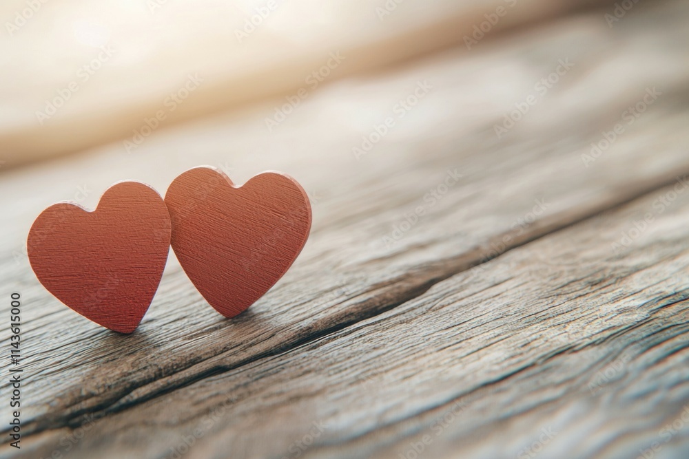 Two wooden hearts are on a wooden table Two wooden hearts are on a wooden table