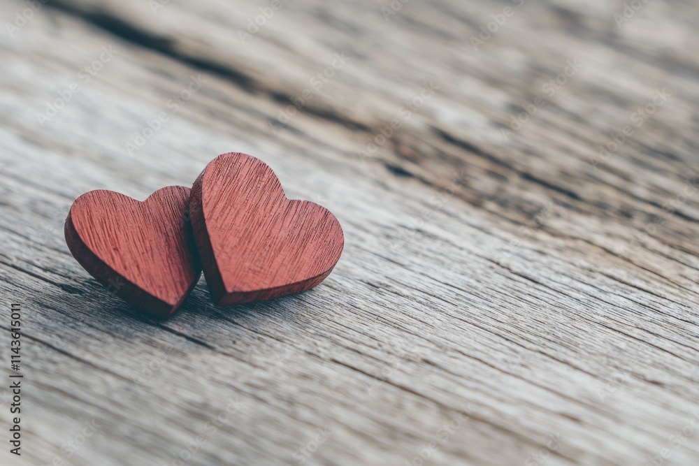 Two red hearts are on a wooden surface Two red hearts are on a wooden surface