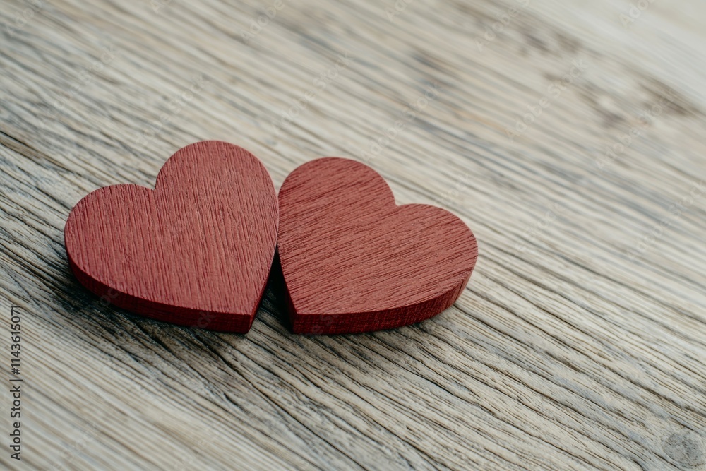 Two red wooden hearts are on a wooden surface Two red wooden hearts are on a wooden surface