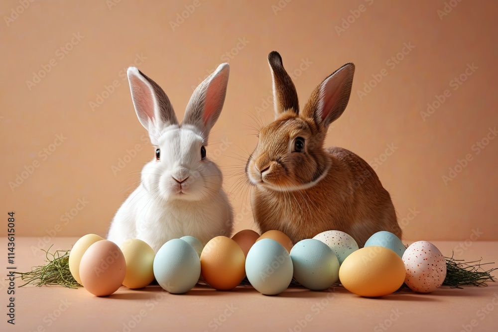 Fototapeta premium there are two rabbits sitting next to each other near some eggs