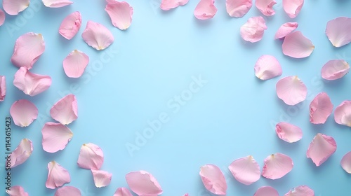 Pink rose petals arranged on a light blue background