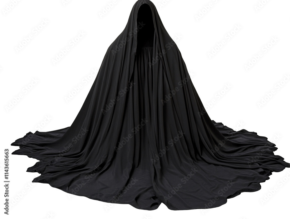 a black hooded cloak with a white background